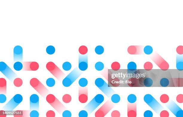 abstract dot movement red and blue dots - abstraction of an atom stock illustrations