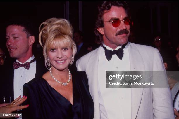 Czech-American businesswoman Ivana Trump and American actor Tom Selleck attend a party at the Laura Bell restaurant, New York, New York, September...