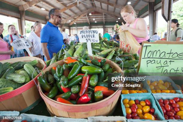 customers purchasing fresh corn at state farmers market in raleigh, north carolina - the raleigh stock pictures, royalty-free photos & images