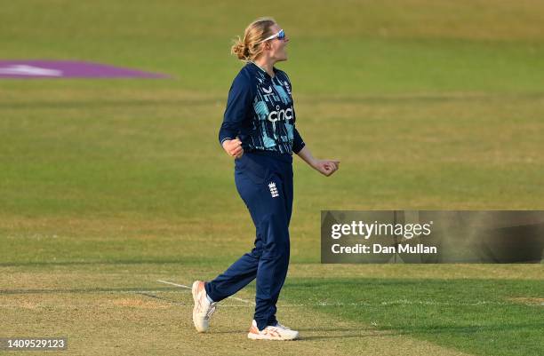 Charlie Dean of England celebrates after bowling Andrie Steyn of South Africa during the 3rd Royal London Series One Day International between...