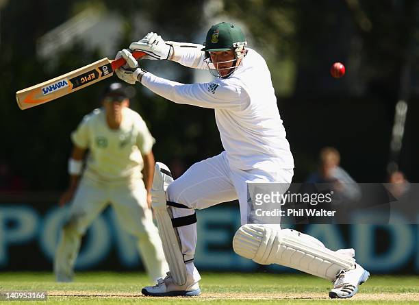 Graeme Smith of South Africa bats during day three of the First Test match between New Zealand and South Africa at the University Oval on March 09,...
