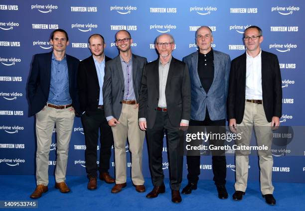 Chris Jewell, Connor Roe, Josh Bratchley, Ron Howard, Rick Stanton and John Volanthen attend the "Thirteen Lives" special screening at Vue West End...