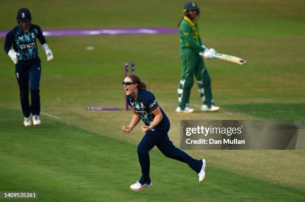 Emma Lamb of England celebrates bowling Sune Luus of South Africa during the 3rd Royal London Series One Day International between England Women and...