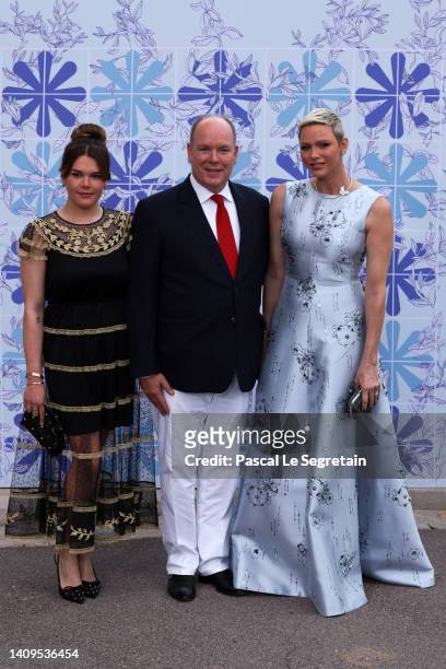 Camille Gottlieb, Prince Albert II of Monaco and Princess Charlene of Monaco attend the 73rd Monaco Red Cross Ball Gala on July 18, 2022 in...