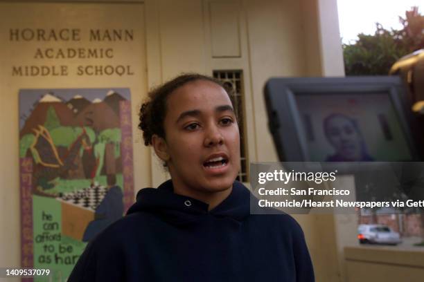 Alize Asberry, standing in front of Horace Mann Elementary in San Francisco, Ca., on Friday, September 24 practices her closing statement for a video...