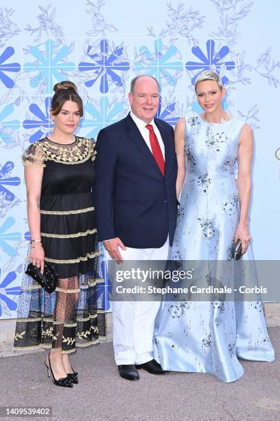 Camille Gottlieb, Prince Albert II of Monaco and Princess Charlene of Monaco attend the 73rd Monaco Red Cross Ball Gala on July 18, 2022 in...