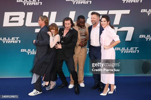 Brad Pitt, Joey KIng, Aaron Taylor-Johnson,Brian Tyree Henry, David Leitch and Kelly McCormick attend "Bullet Train" Premiere At Le Grand Rex on July...