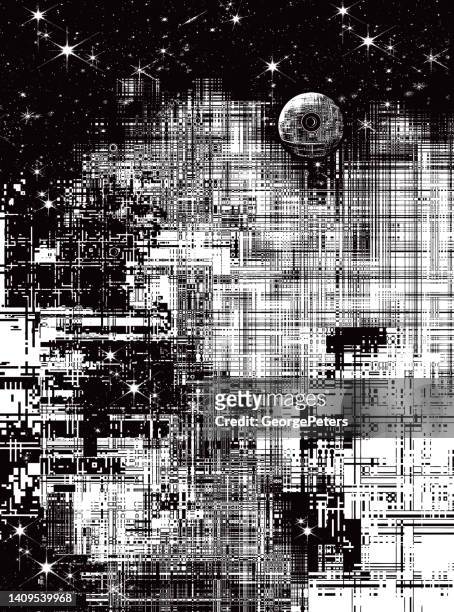 futuristic outer space background with glitch technique - grunge moon stock illustrations