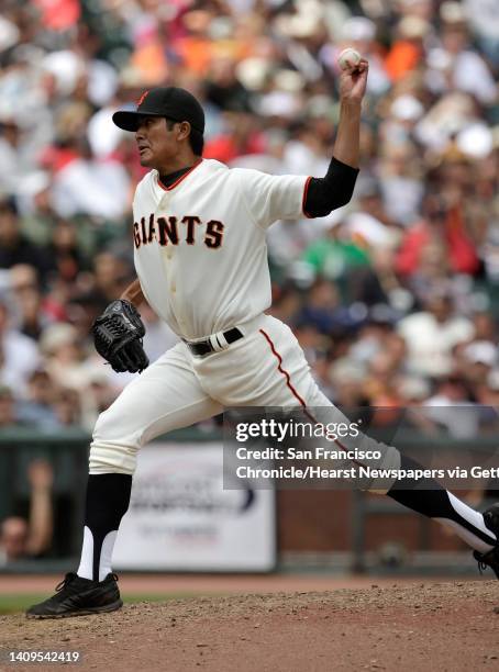 Rookie pitcher, Geno Espineli in his first major league game. The San Francisco Giants played the Milwaukee Brewers at AT&T Park in San Francisco,...