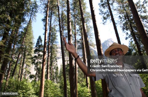 Shelton Johnson speaks to a group of park volunteers at Lower Pine campground in Yosemite National Park, on Wednesday, July 29, 2009. He is an...