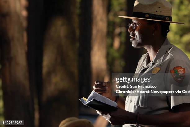 Shelton Johnson speaks to a group of park volunteers at Lower Pine campground in Yosemite National Park, on Wednesday, July 29, 2009. He is an...