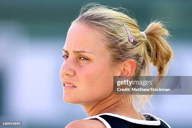 Jelena Dokic of Australia cools down between games while playing Gesela Dulko of Argentina during the BNP Paribas Open at the Indian Wells Tennis...