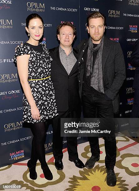 Actress Emily Blunt, writer Simon Beaufoy and actor Ewan McGregor attends the Cinema Society & Opium Yves Saint Laurent screening of "Salmon Fishing...