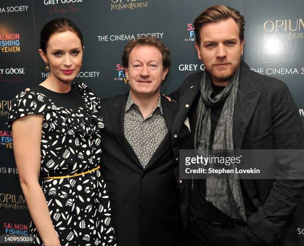 Actress Emily Blunt, screenwriter Simon Beaufoy, and actor Ewan McGregor attend the Cinema Society & Opium Yves Saint Laurent screening of "Salmon...