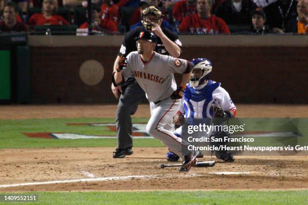 San Francisco Giants first baseman Aubrey Huff takes off on a double in the sixth inning during game 3 of the 2010 World Series between the San...