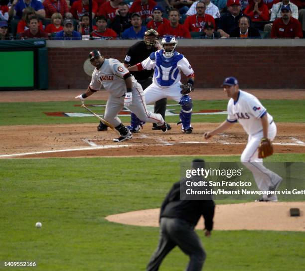 San Francisco Giants third baseman Pablo Sandoval hits into a double play in the second inning during game 3 of the 2010 World Series between the San...