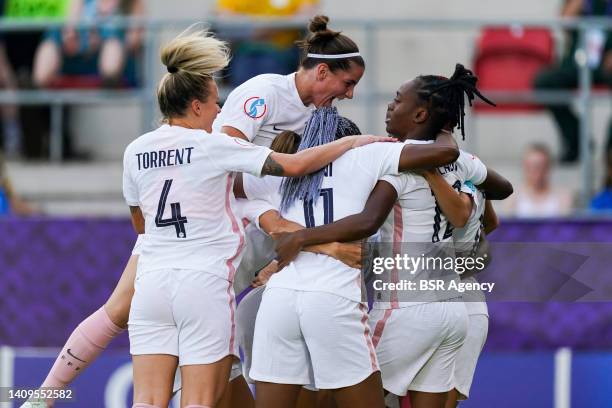 Melvine Malard of France is celebrating her goal with Kadidiatou Diani of France and Marion Torrent of France during the Group D - UEFA Women's EURO...