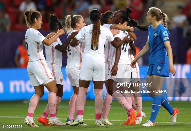 Melvine Malard of France celebrates with teammates after scoring a goal that was later disallowed for offside by VAR during the UEFA Women's Euro...