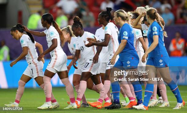 Melvine Malard of France celebrates with teammates after scoring a goal that was later disallowed for offside by VAR during the UEFA Women's Euro...