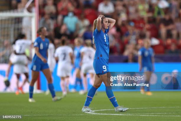 Berglind Thorvaldsdottir of Iceland reacts after the France second goal scored by Melvine Malard that was later disallowed by VAR for offside during...