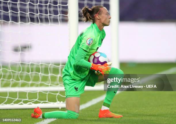 Pauline Peyraud-Magnin of France collects the ball during the UEFA Women's Euro 2022 group D match between Iceland and France at The New York Stadium...