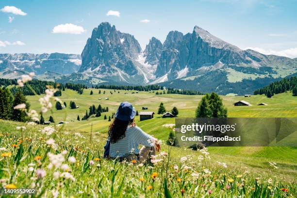 eine frau bewundert die landschaft in der seiser alm, dolomiten - alm hütte stock-fotos und bilder