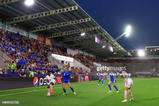 General view of play during the UEFA Women's Euro 2022 group D match between Iceland and France at The New York Stadium on July 18, 2022 in...