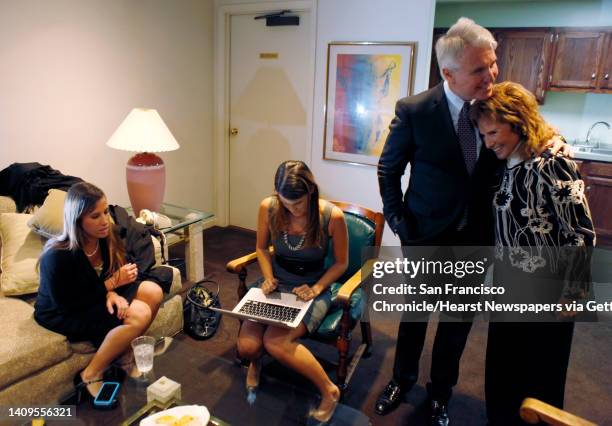 George Gascon hugs Mimi Silbert as his daughers, Steffi and Monique check results before Gascon addressed the crowd gathered for election results at...