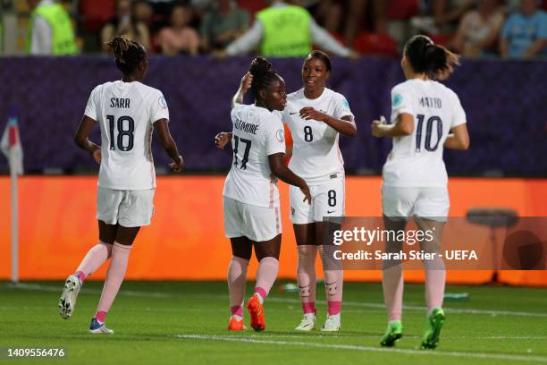 Grace Geyoro of France celebrates with Sandy Baltimore and teammates after scoring a goal that was later disallowed for handball during the UEFA...