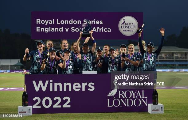 England players celebrates after winning the Royal London ODI series during the 3rd Royal London Series One Day International match between England...