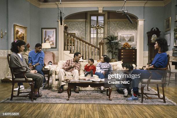 Pictured: Sabrina Le Beauf as Sondra Huxtable Tibideaux, Malcolm-Jamal Warner as Theodore 'Theo' Huxtable, Bill Cosby as Dr. Heathcliff 'Cliff'...