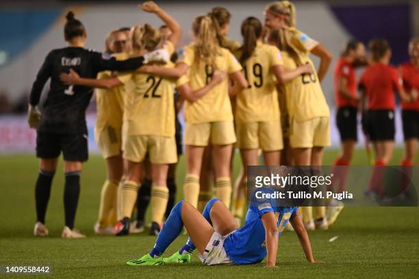 Valentina Giacinti of Italy looks dejected following their side's defeat in the UEFA Women's Euro 2022 group D match between Italy and Belgium at...