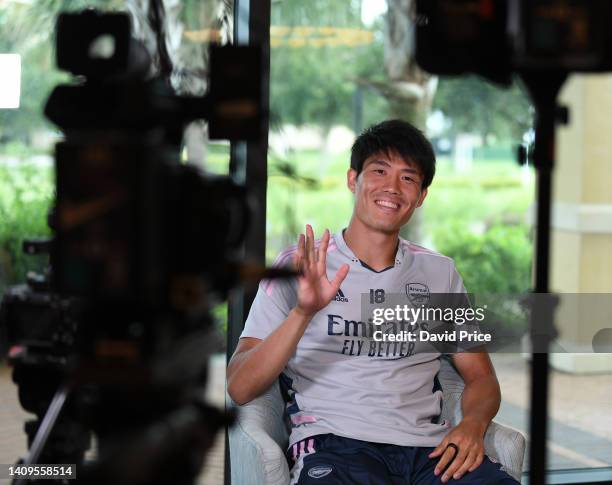 Takehiro Tomiyasu of Arsenal is interviewed in the Hotel on July 18, 2022 in Orlando, Florida.