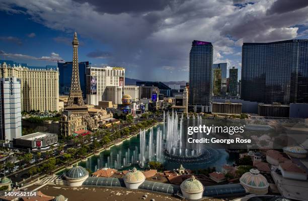 Forecast of thunderstorms brings clouds to the Las Vegas Strip as viewed on July 13, 2022 in Las Vegas, Nevada. Conventions and gamblers have once...