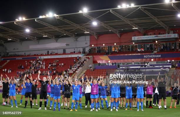 The Iceland team acknowledge the fans following the UEFA Women's Euro 2022 group D match between Iceland and France at The New York Stadium on July...