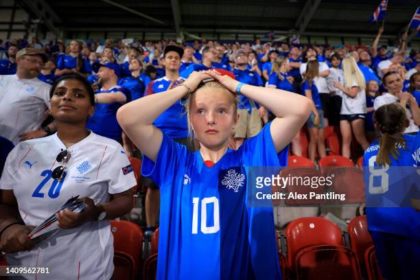 An Iceland fan looks dejected following the UEFA Women's Euro 2022 group D match between Iceland and France at The New York Stadium on July 18, 2022...