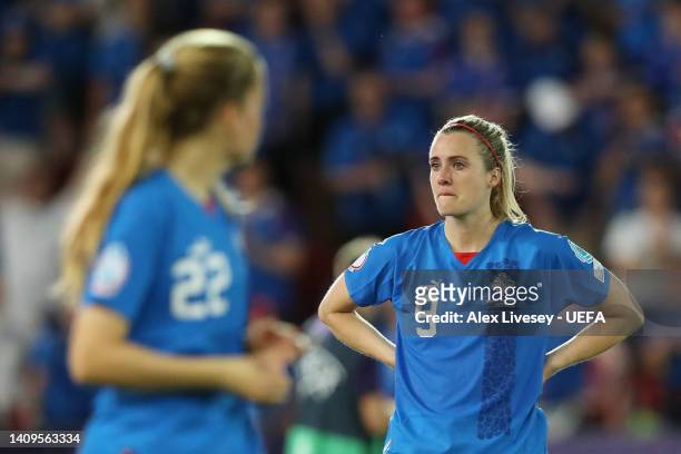 Berglind Thorvaldsdottir of Iceland looks dejected following the UEFA Women's Euro 2022 group D match between Iceland and France at The New York...