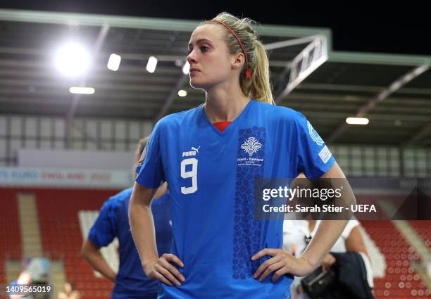 Berglind Thorvaldsdottir of Iceland looks dejected following the UEFA Women's Euro 2022 group D match between Iceland and France at The New York...