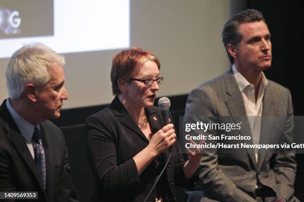 Laura Thomas, San Francisco deputy state director of The Drug Policy Alliance, answers a question from the audience at the New People Cinema in San...