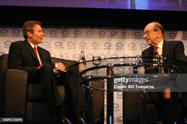 April 25: Financial experts Alan Greenspan and Phil Harriman speak during the Million Dollar Round Table conference on April 25th 2007 in New York...