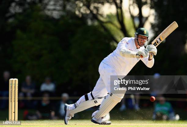 Graeme Smith of South Africa bats during day three of the First Test match between New Zealand and South Africa at the University Oval on March 09,...