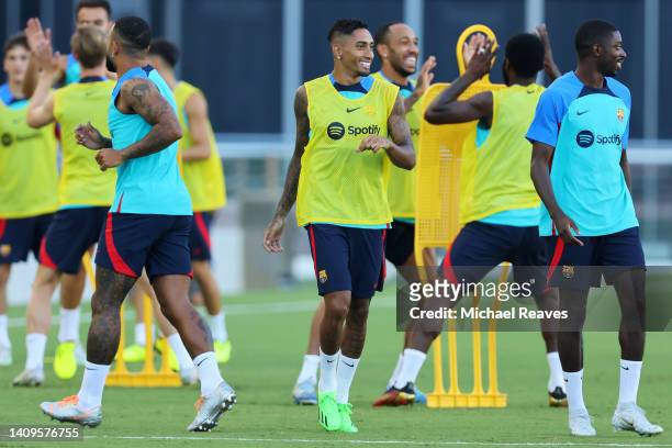 Raphinha of FC Barcelona reacts during a training session ahead of the preseason friendly against Inter Miami CF at DRV PNK Stadium on July 18, 2022...