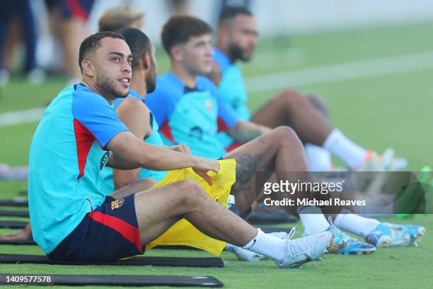 Sergino Dest of FC Barcelona looks on during a training session ahead of the preseason friendly against Inter Miami CF at DRV PNK Stadium on July 18,...
