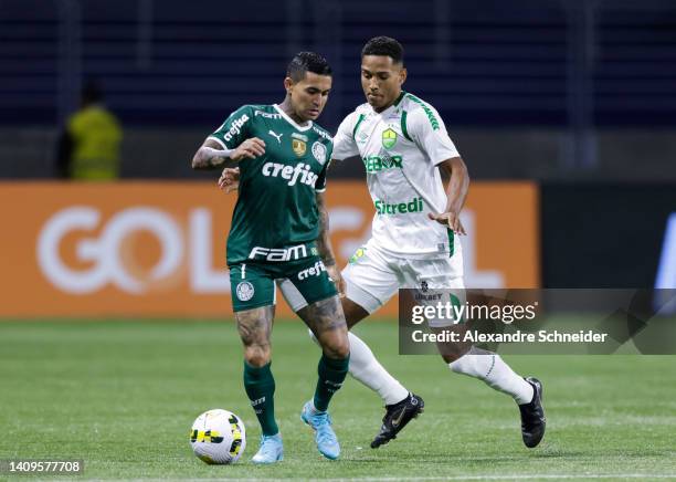 Dudu of Palmeiras and Marllon of Cuiaba fight for the ball during a match between Palmeiras and Cuiaba as part of Brasileirao Series 2022 at Allianz...