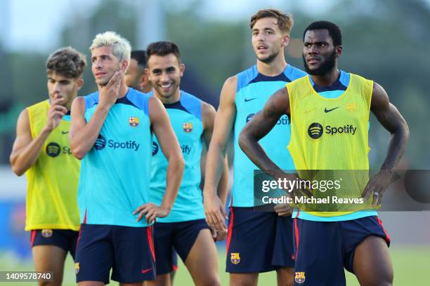 Franck Kessie of FC Barcelona looks on during a training session ahead of the preseason friendly against Inter Miami CF at DRV PNK Stadium on July...
