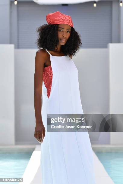 Model walks the runway wearing ContraCorriente during Flying Solo Miami Swim Week 2022 on July 18, 2022 in Miami Beach, Florida.