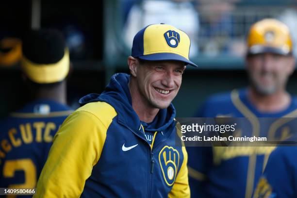 Manager Craig Counsell of the Milwaukee Brewers looks on before the game against the San Francisco Giants at Oracle Park on July 15, 2022 in San...