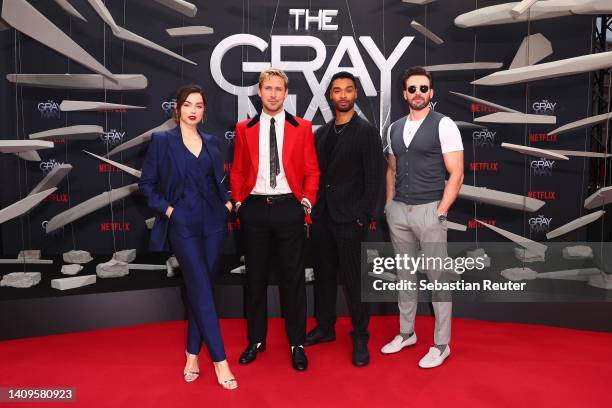 Ana de Armas, Ryan Gosling, Regé-Jean Page and Chris Evans attend the "The Gray Man" Netflix Special Screening at Zoopalast on July 18, 2022 in...