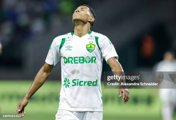 Joao Lucas of Cuiaba reacts during a match between Palmeiras and Cuiaba as part of Brasileirao Series 2022 at Allianz Parque on July 18, 2022 in Sao...