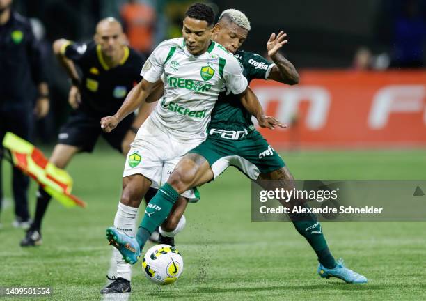 Marllon of Cuiaba and Danilo of Palmeiras fight for the ball during a match between Palmeiras and Cuiaba as part of Brasileirao Series 2022 at...